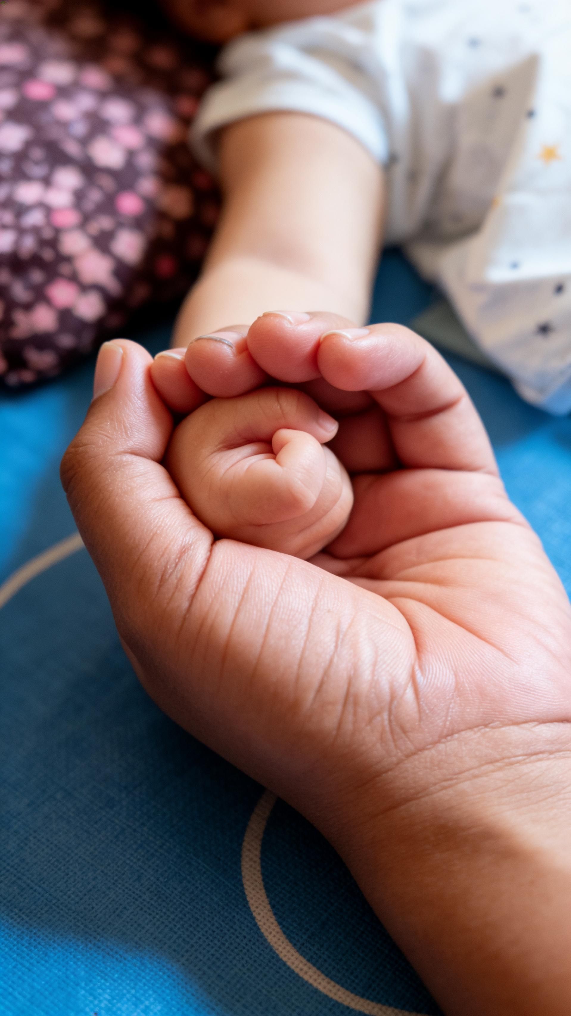 Heartwarming close-up of a baby's hand held by a parent, symbolizing love and care.